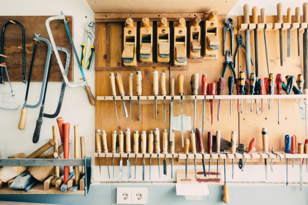woodworking tools organized on the wall