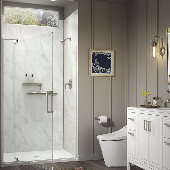 Grey Contemporary bathroom with Kohler LuxStone shower