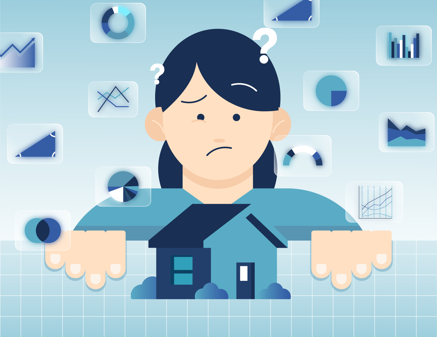 Illustration of a woman considering whether to purchase a starter home.